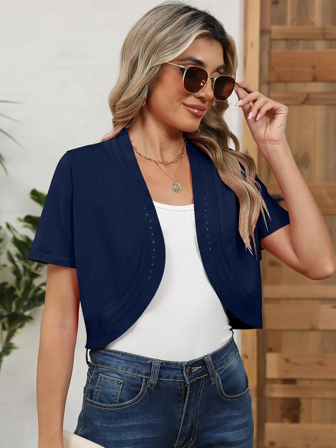 Women's Summer Short Sleeves Bolero Shrugs Cut Out Knit Cropped Open Front Lightweight Cardigan
