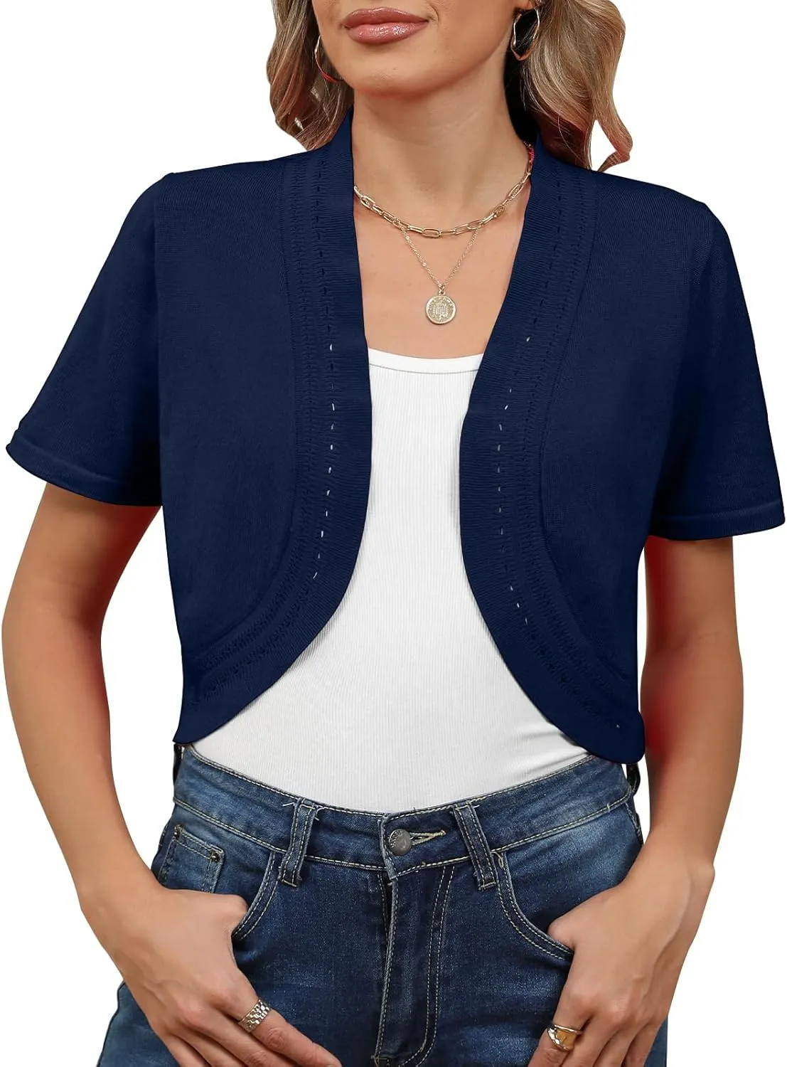 Women's Summer Short Sleeves Bolero Shrugs Cut Out Knit Cropped Open Front Lightweight Cardigan