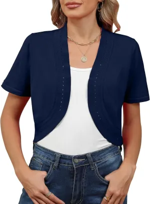 Women's Summer Short Sleeves Bolero Shrugs Cut Out Knit Cropped Open Front Lightweight Cardigan