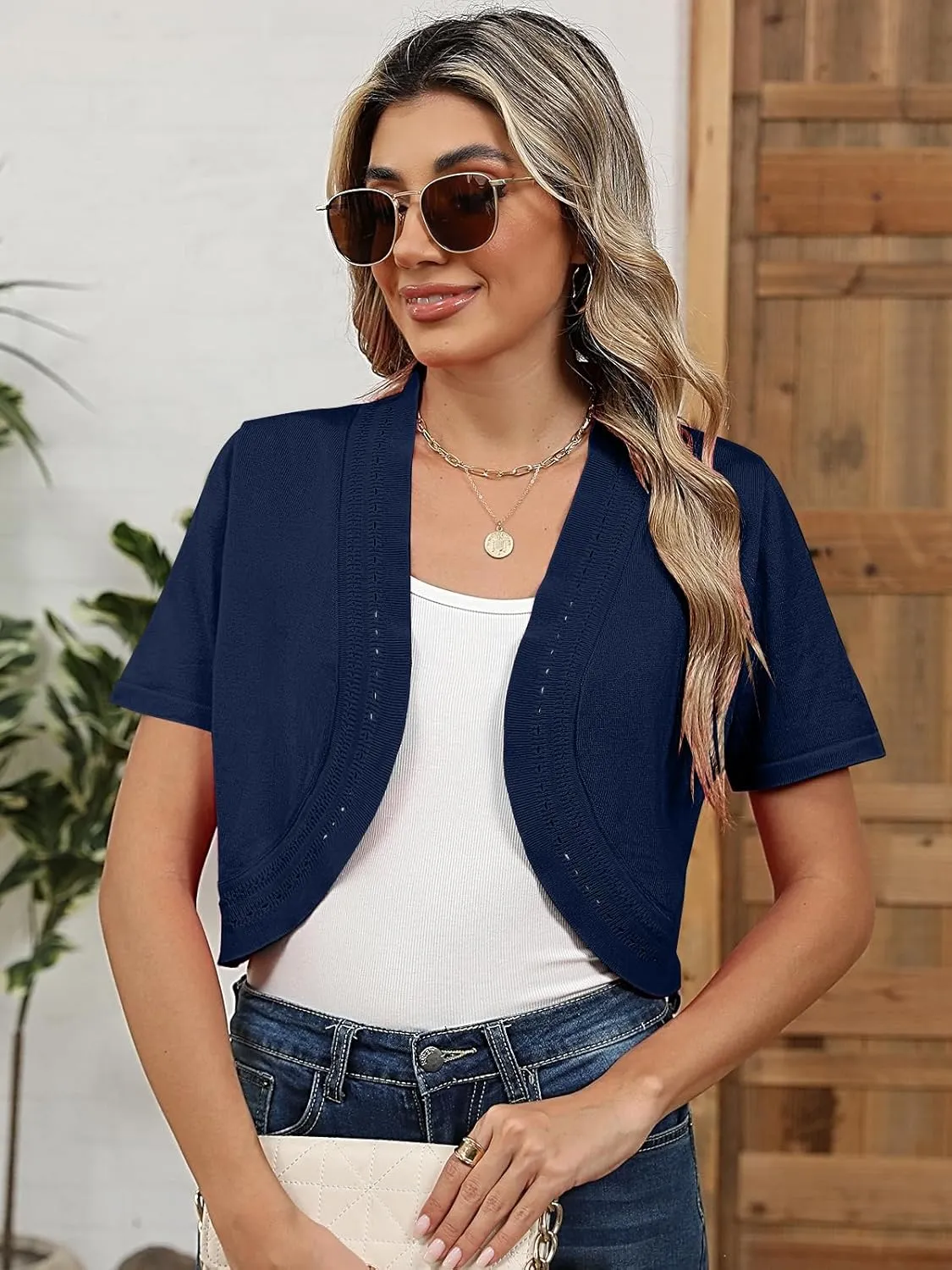 Women's Summer Short Sleeves Bolero Shrugs Cut Out Knit Cropped Open Front Lightweight Cardigan