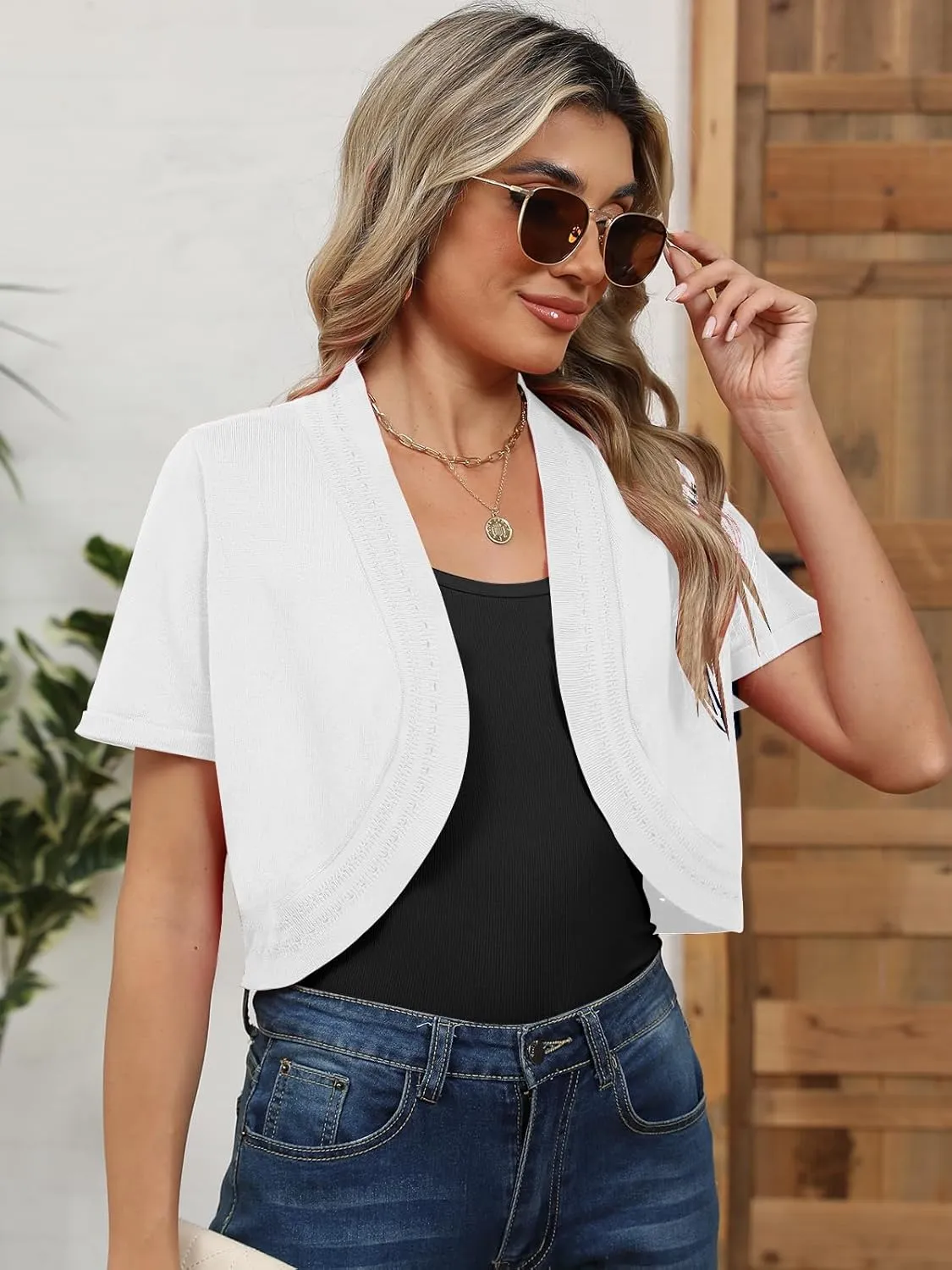 Women's Summer Short Sleeves Bolero Shrugs Cut Out Knit Cropped Open Front Lightweight Cardigan