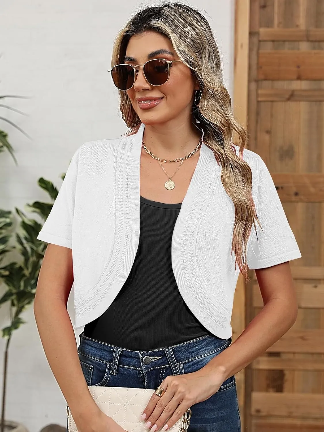 Women's Summer Short Sleeves Bolero Shrugs Cut Out Knit Cropped Open Front Lightweight Cardigan