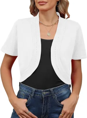 Women's Summer Short Sleeves Bolero Shrugs Cut Out Knit Cropped Open Front Lightweight Cardigan
