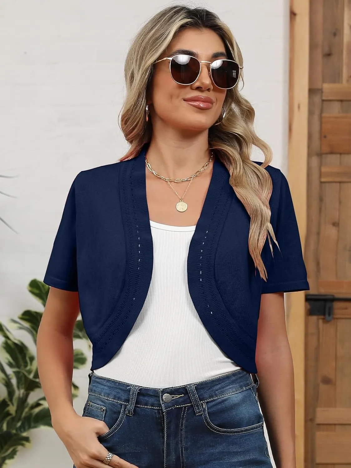 Women's Summer Short Sleeves Bolero Shrugs Cut Out Knit Cropped Open Front Lightweight Cardigan