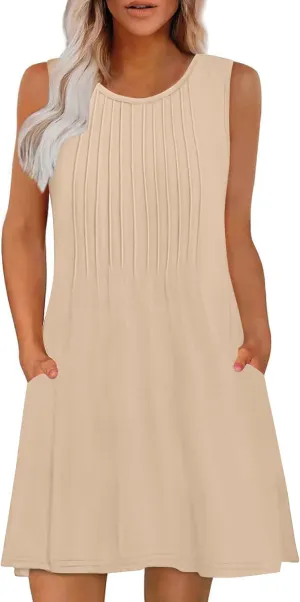 Women's Summer Trendy Casual Solid Sleeveless Round Neck Pleasted Dress - Flowy Boho Mini Dresses for Daliy