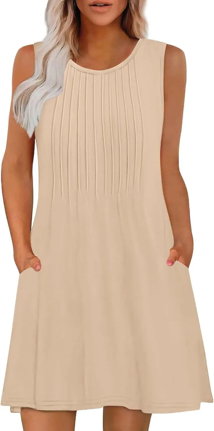 Women's Summer Trendy Casual Solid Sleeveless Round Neck Pleasted Dress - Flowy Boho Mini Dresses for Daliy