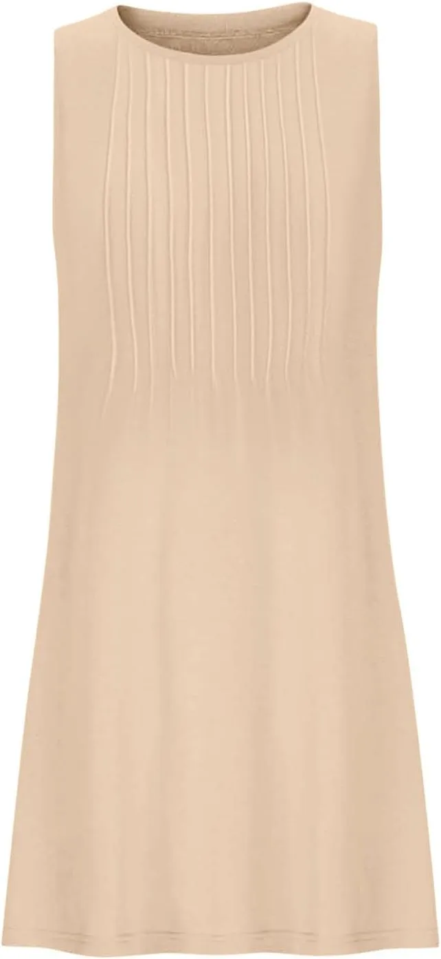Women's Summer Trendy Casual Solid Sleeveless Round Neck Pleasted Dress - Flowy Boho Mini Dresses for Daliy