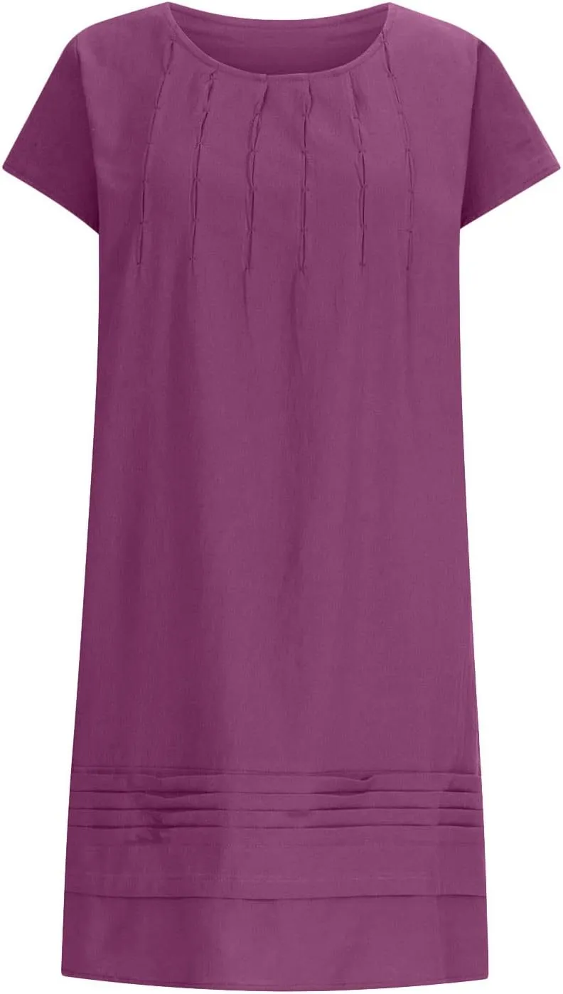 Women's Trendy Cotton and Linen Dress Crewneck Loose Fit Short Sleeve Dresses Solid Color Pleated Mini Dress 2025