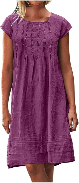 Women's Trendy Cotton and Linen Dress Crewneck Loose Fit Short Sleeve Dresses Solid Color Pleated Mini Dress 2025