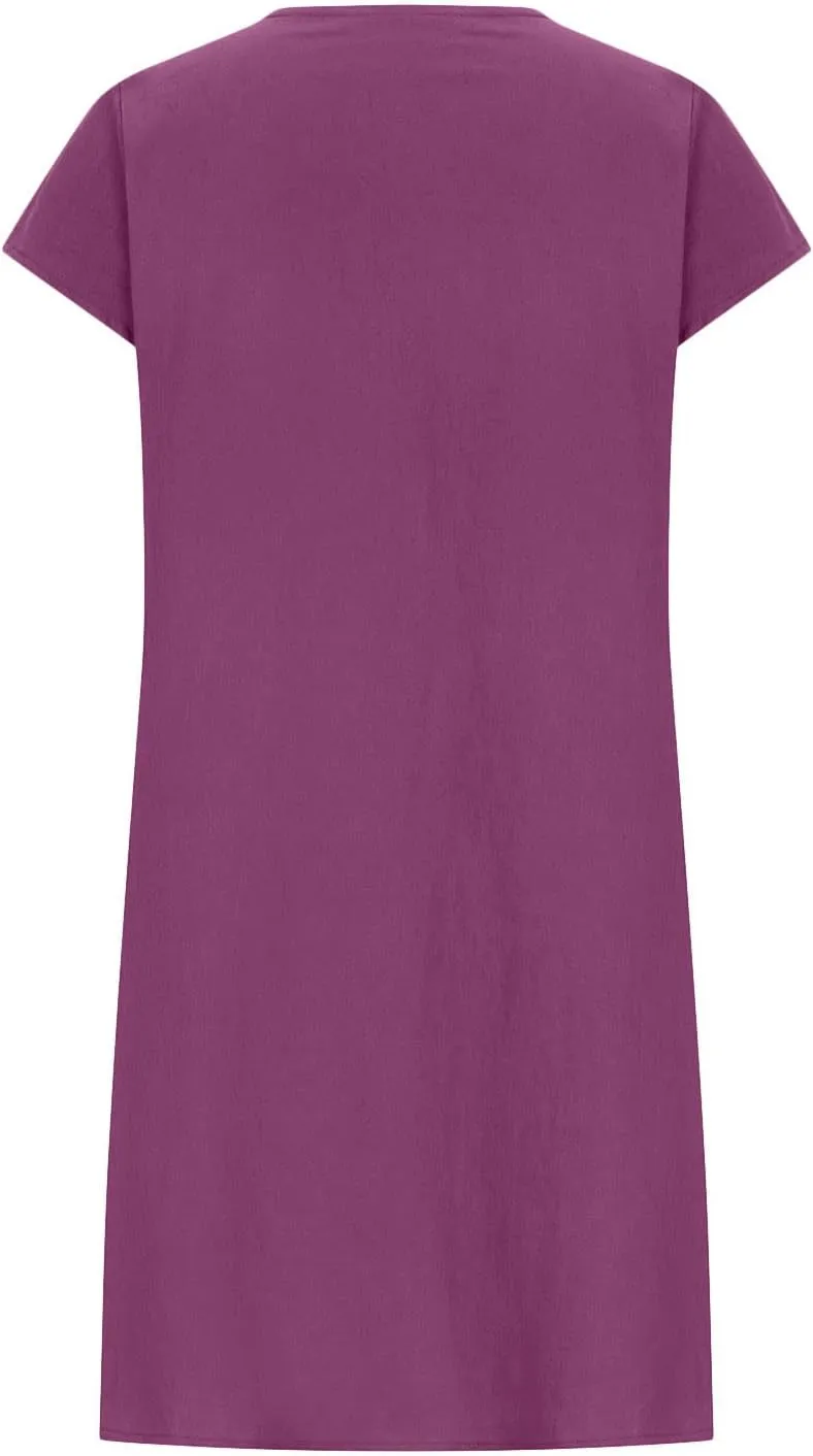 Women's Trendy Cotton and Linen Dress Crewneck Loose Fit Short Sleeve Dresses Solid Color Pleated Mini Dress 2025