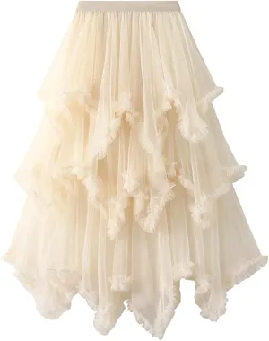 Women's Tulle Skirt A-Line Midi Skirts Irregular Underskirt Ladies Elegant Layered Skirt for Wedding Party Prom