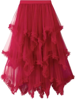 Women's Tulle Skirt A-Line Midi Skirts Irregular Underskirt Ladies Elegant Layered Skirt for Wedding Party Prom