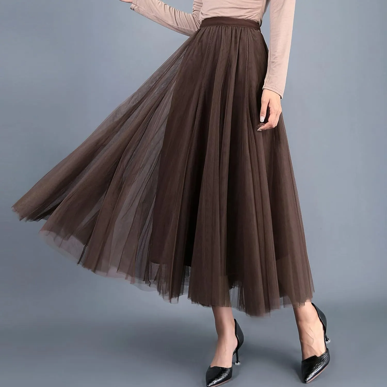 Women's Tulle Skirt Elastic High Waist Elegant Layered Pleated Mesh Flowy A-line Midi Skirt for Wedding Party
