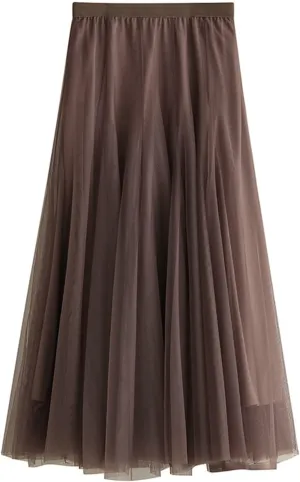 Women's Tulle Skirt Elastic High Waist Elegant Layered Pleated Mesh Flowy A-line Midi Skirt for Wedding Party