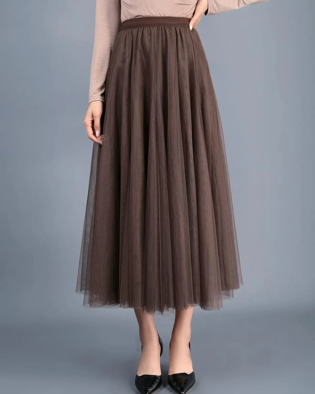 Women's Tulle Skirt Elastic High Waist Elegant Layered Pleated Mesh Flowy A-line Midi Skirt for Wedding Party