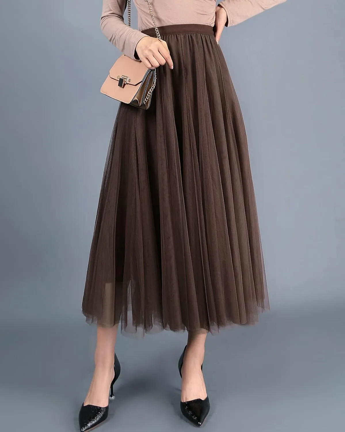 Women's Tulle Skirt Elastic High Waist Elegant Layered Pleated Mesh Flowy A-line Midi Skirt for Wedding Party