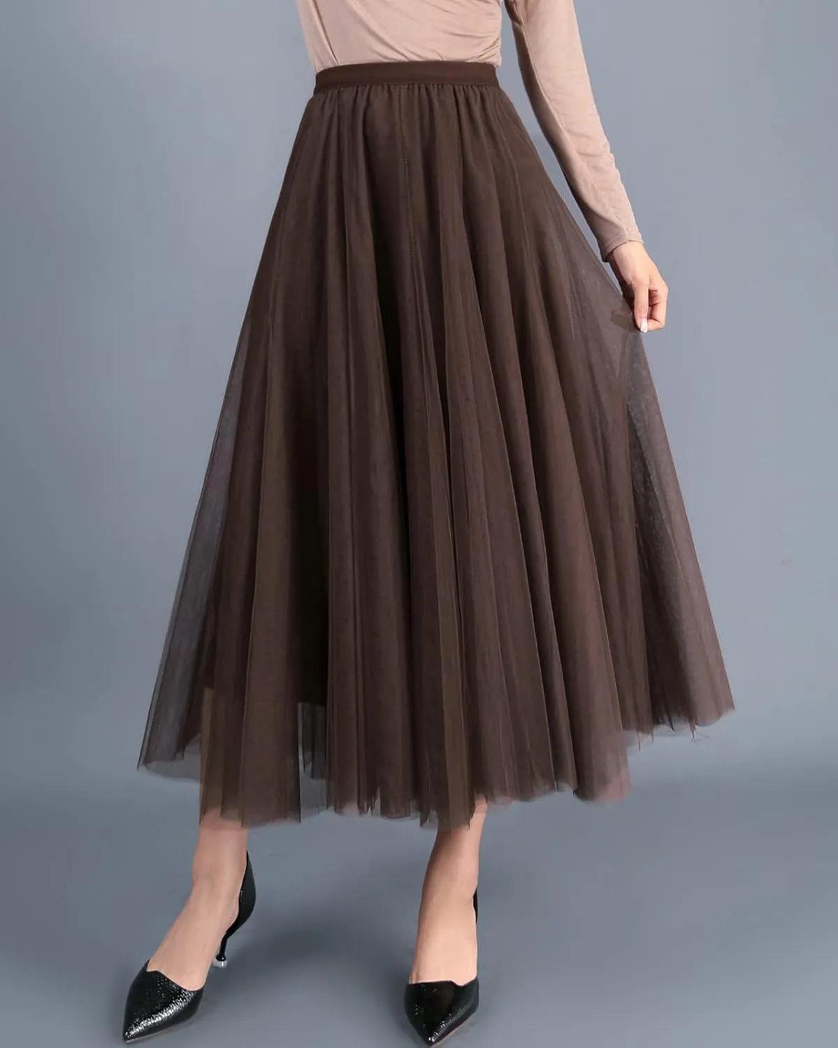 Women's Tulle Skirt Elastic High Waist Elegant Layered Pleated Mesh Flowy A-line Midi Skirt for Wedding Party