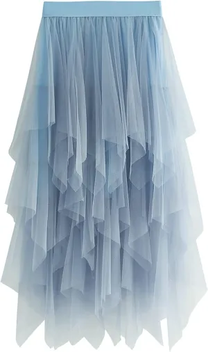Women's Tulle Skirt Mesh Pleated Skirt Elastic High Waist Layered A-Line Swing Skirt Ladies Fashion Pleated Midi Skirt