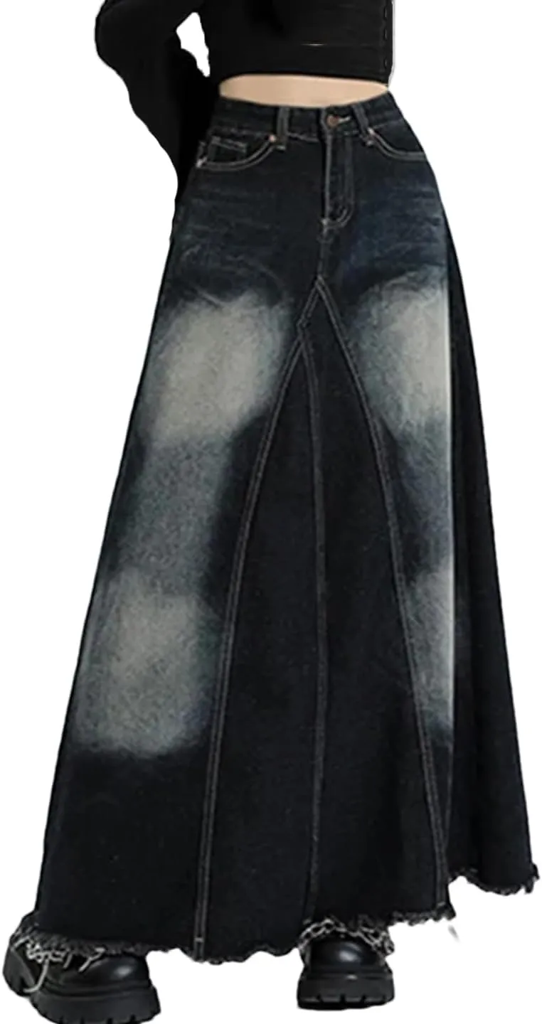 Women's Vintage Distressed Irregular Denim Skirt High Waisted 5-Pocket Swing Jeans Skirts Casual Maxi Skirts