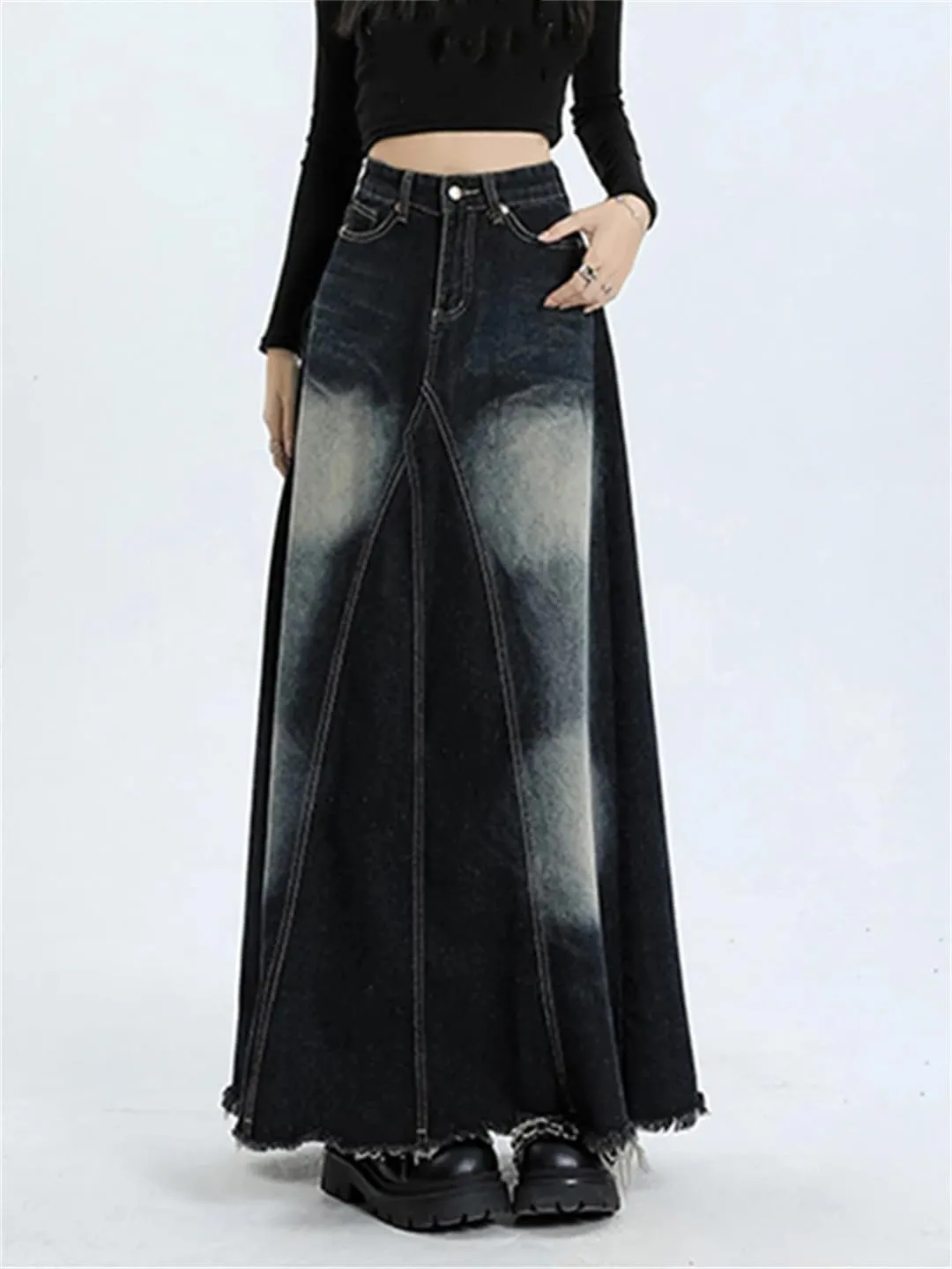 Women's Vintage Distressed Irregular Denim Skirt High Waisted 5-Pocket Swing Jeans Skirts Casual Maxi Skirts