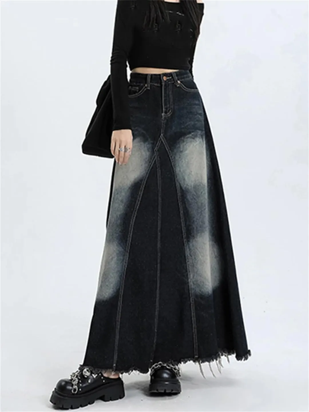 Women's Vintage Distressed Irregular Denim Skirt High Waisted 5-Pocket Swing Jeans Skirts Casual Maxi Skirts