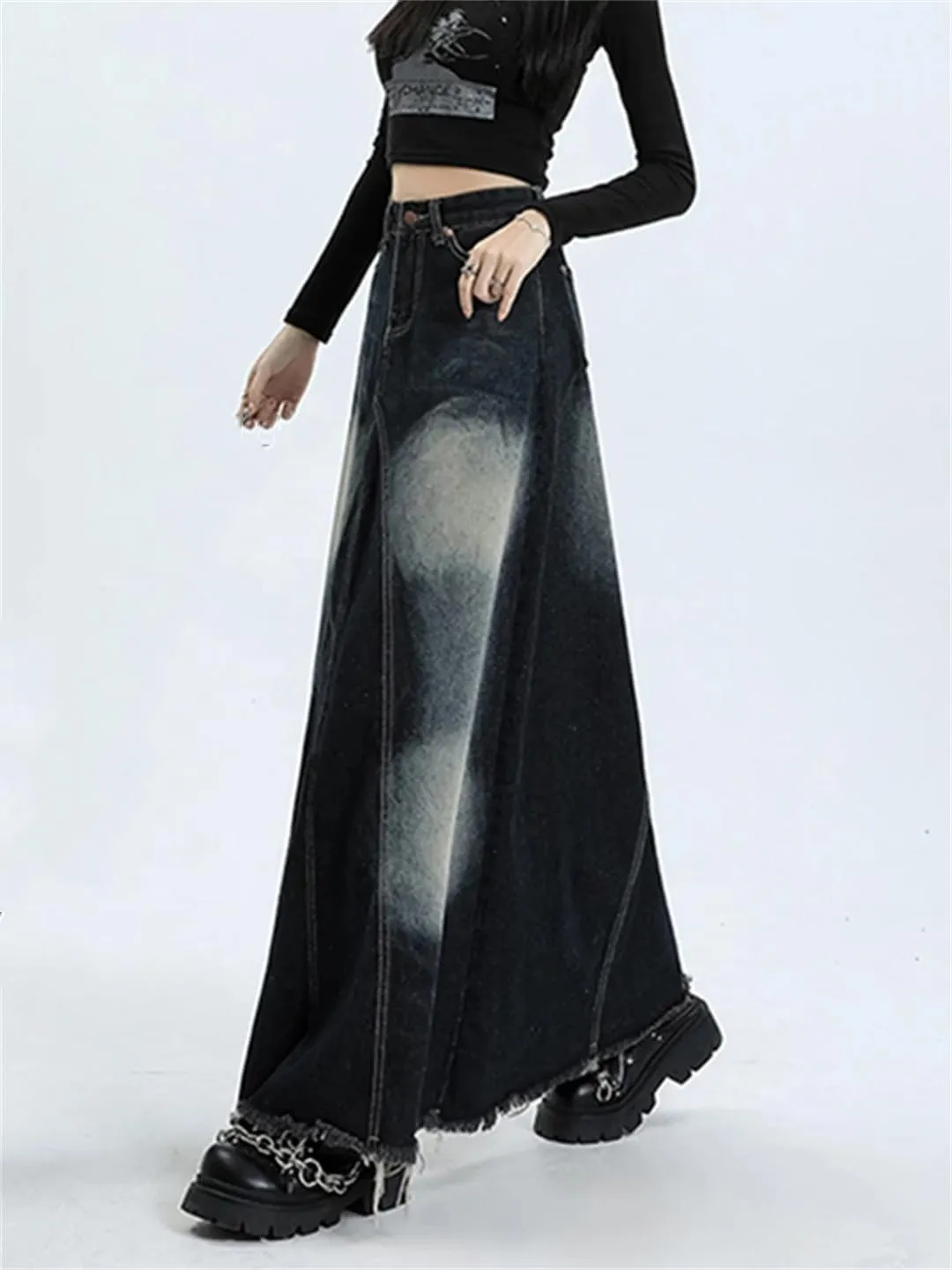 Women's Vintage Distressed Irregular Denim Skirt High Waisted 5-Pocket Swing Jeans Skirts Casual Maxi Skirts