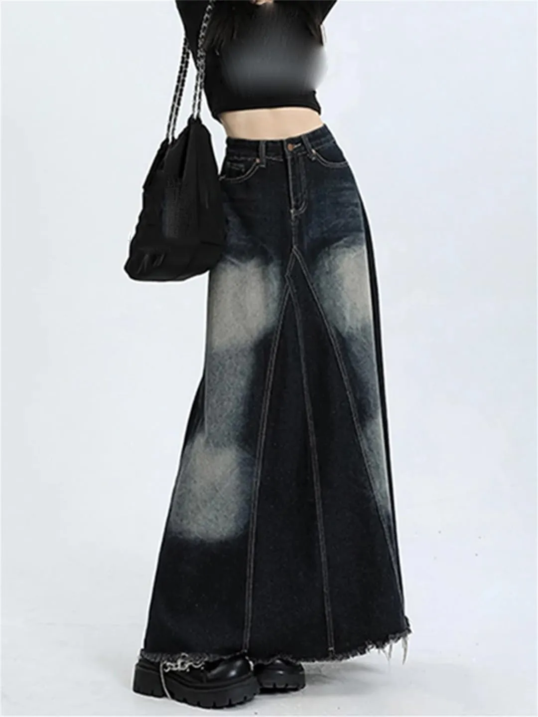 Women's Vintage Distressed Irregular Denim Skirt High Waisted 5-Pocket Swing Jeans Skirts Casual Maxi Skirts