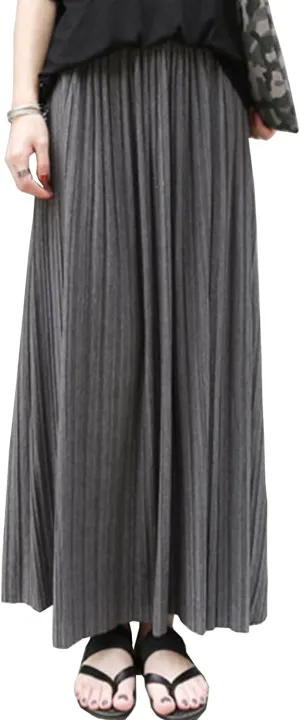 Women's Vintage Elastic Waist A-Line Long Midi Skirt Solid Color Accordion Pleated Big Hem Long Skirts