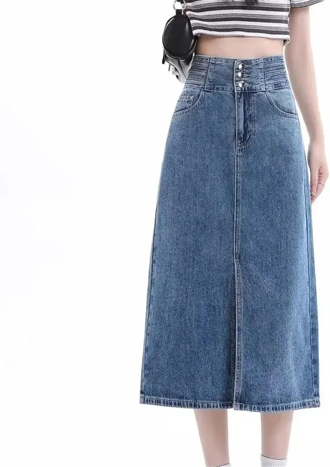 Women's Vintage High-Waisted A-Line Denim Skirt  Bodycon Medium-Length Side Slit Spring Dress