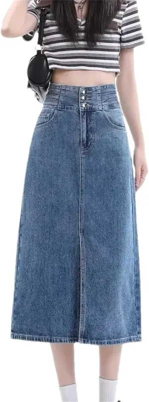Women's Vintage High-Waisted A-Line Denim Skirt  Bodycon Medium-Length Side Slit Spring Dress