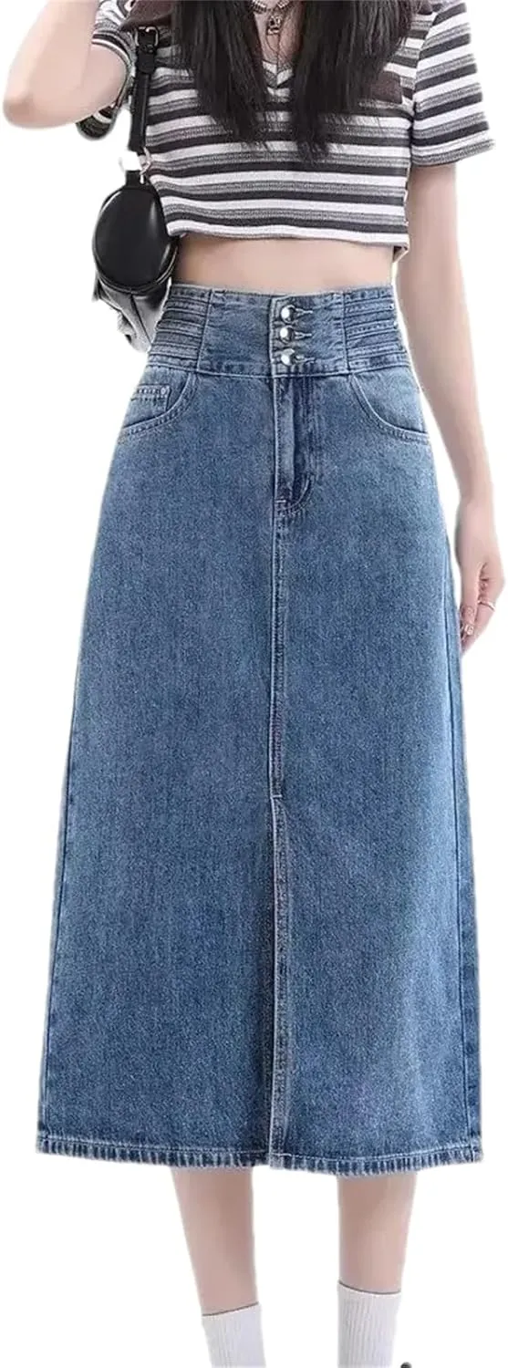 Women's Vintage High-Waisted A-Line Denim Skirt  Bodycon Medium-Length Side Slit Spring Dress