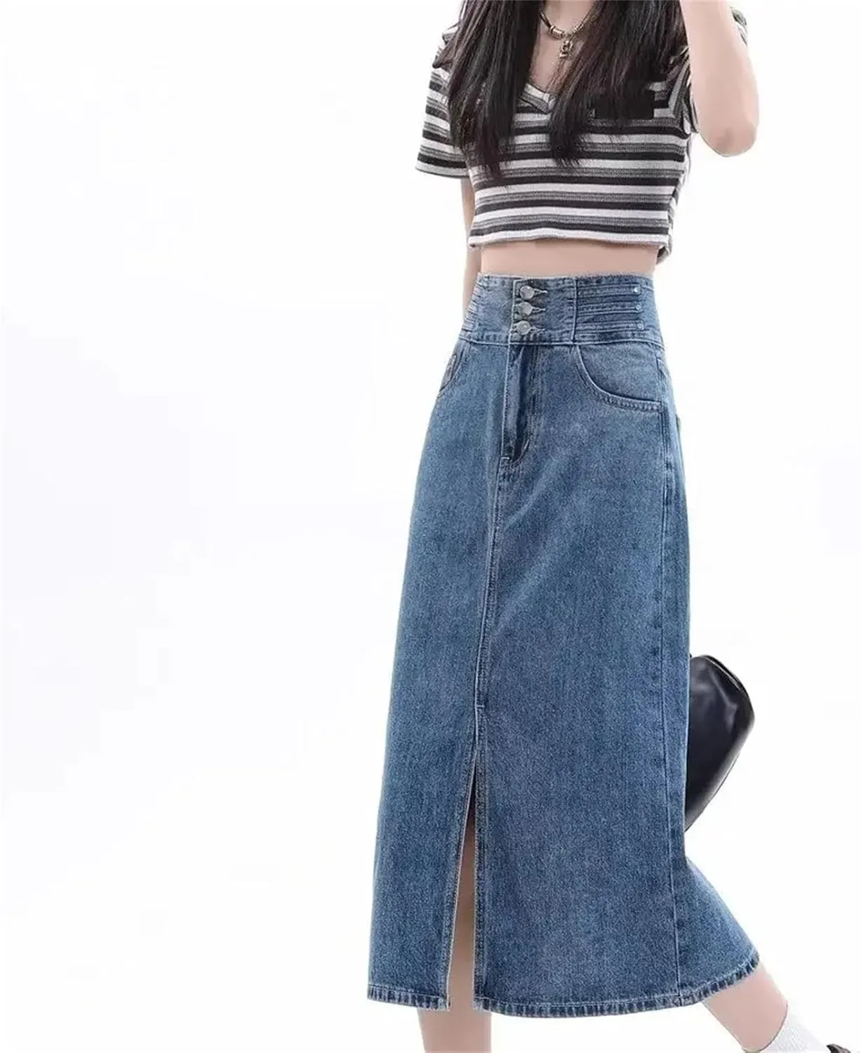 Women's Vintage High-Waisted A-Line Denim Skirt  Bodycon Medium-Length Side Slit Spring Dress
