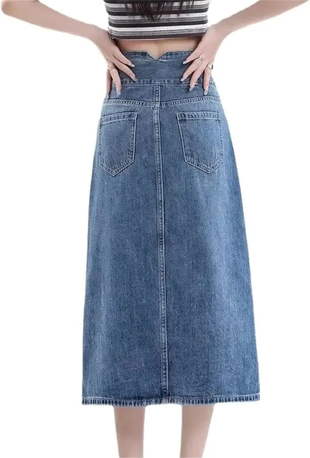 Women's Vintage High-Waisted A-Line Denim Skirt  Bodycon Medium-Length Side Slit Spring Dress