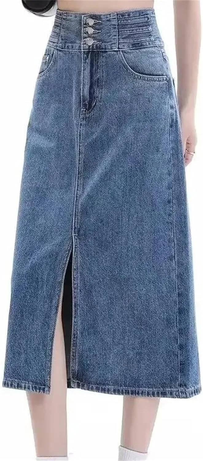 Women's Vintage High-Waisted A-Line Denim Skirt  Bodycon Medium-Length Side Slit Spring Dress