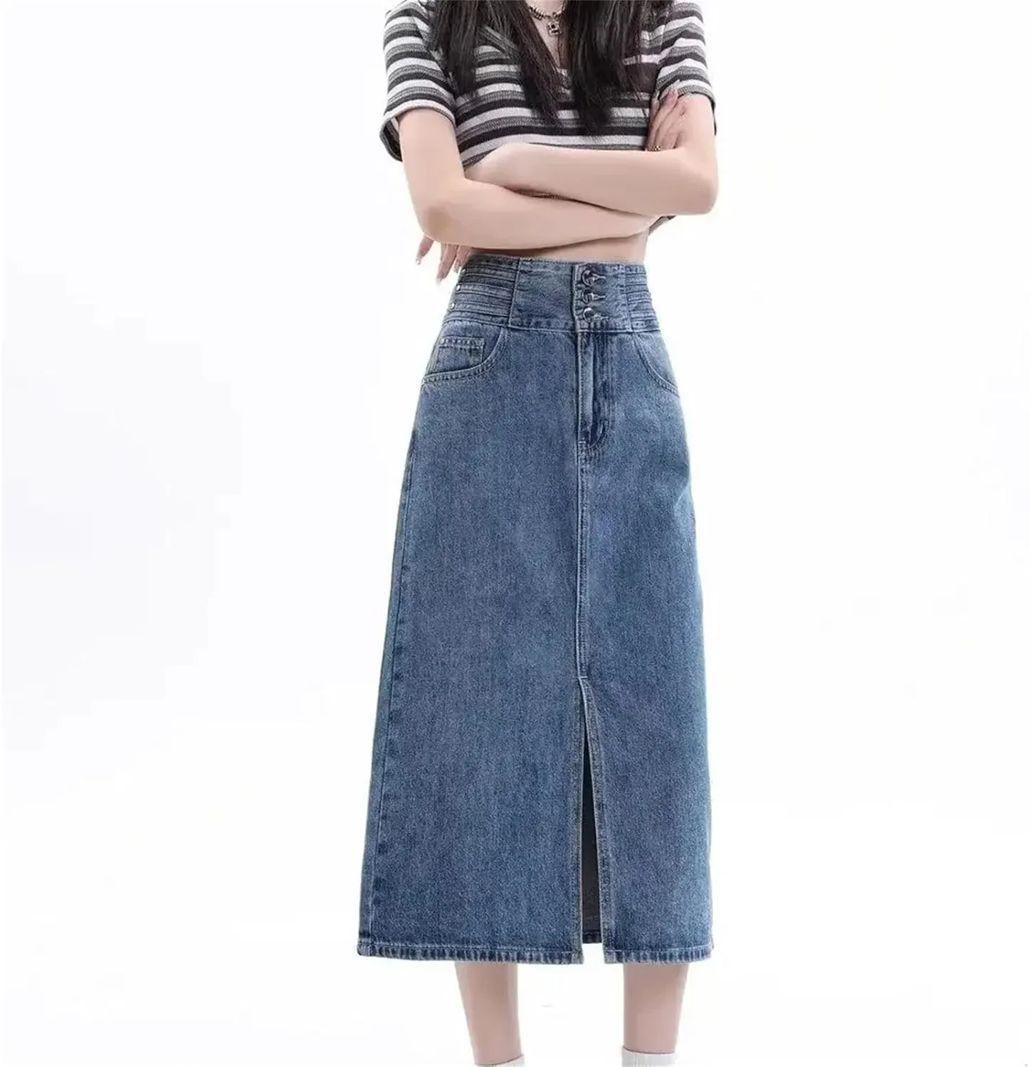 Women's Vintage High-Waisted A-Line Denim Skirt  Bodycon Medium-Length Side Slit Spring Dress