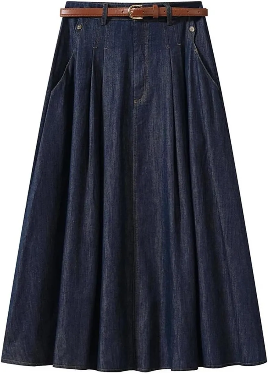 Women's Vintage Midi Denim Skirts Women High Waist Pleated Thin A-Line Skirts