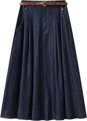 Women's Vintage Midi Denim Skirts Women High Waist Pleated Thin A-Line Skirts