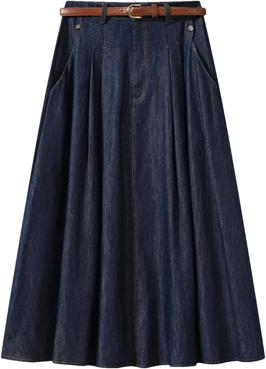 Women's Vintage Midi Denim Skirts Women High Waist Pleated Thin A-Line Skirts