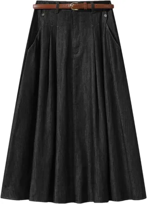 Women's Vintage Midi Denim Skirts Women High Waist Pleated Thin A-Line Skirts