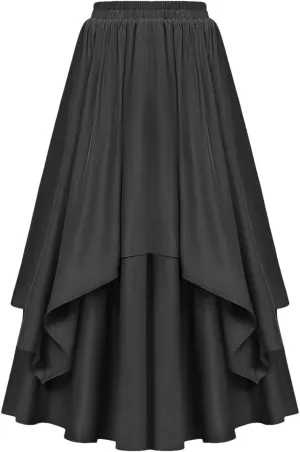 Women's Vintage Ruffle Midi Skirt Women's High Waisted Solid Color Long Skirt