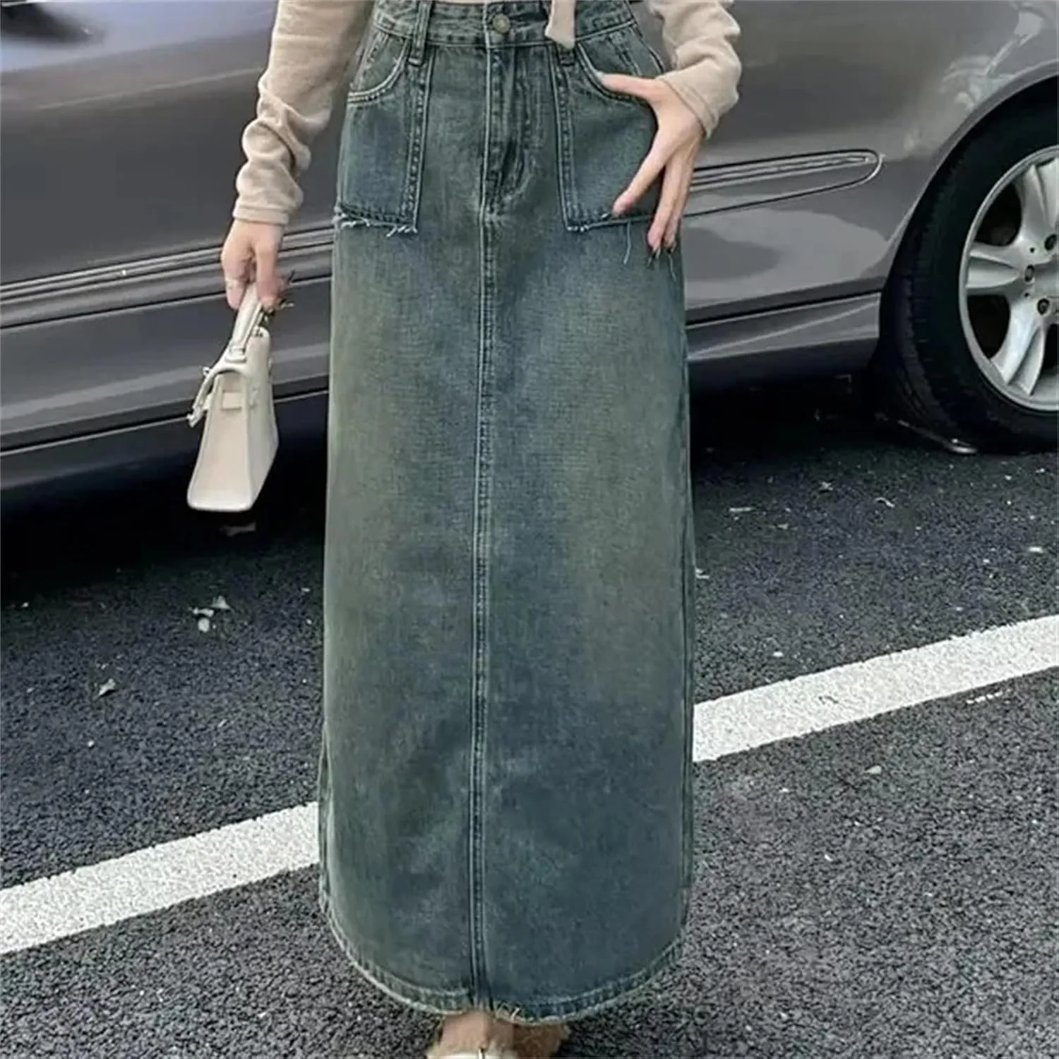 Women's Vintage Washed Denim Skirt  High-Waisted Slimming Side Slit Long Dress Plus Size Spring Summer Dress