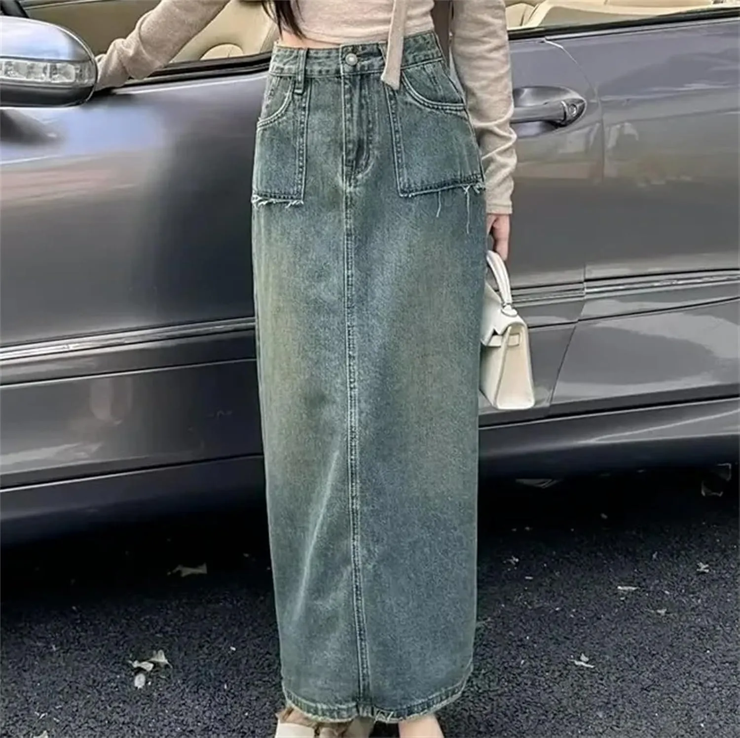 Women's Vintage Washed Denim Skirt  High-Waisted Slimming Side Slit Long Dress Plus Size Spring Summer Dress