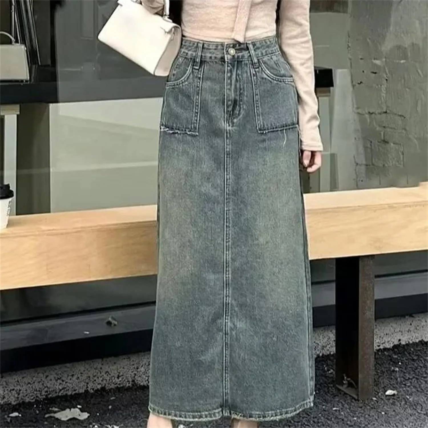 Women's Vintage Washed Denim Skirt  High-Waisted Slimming Side Slit Long Dress Plus Size Spring Summer Dress