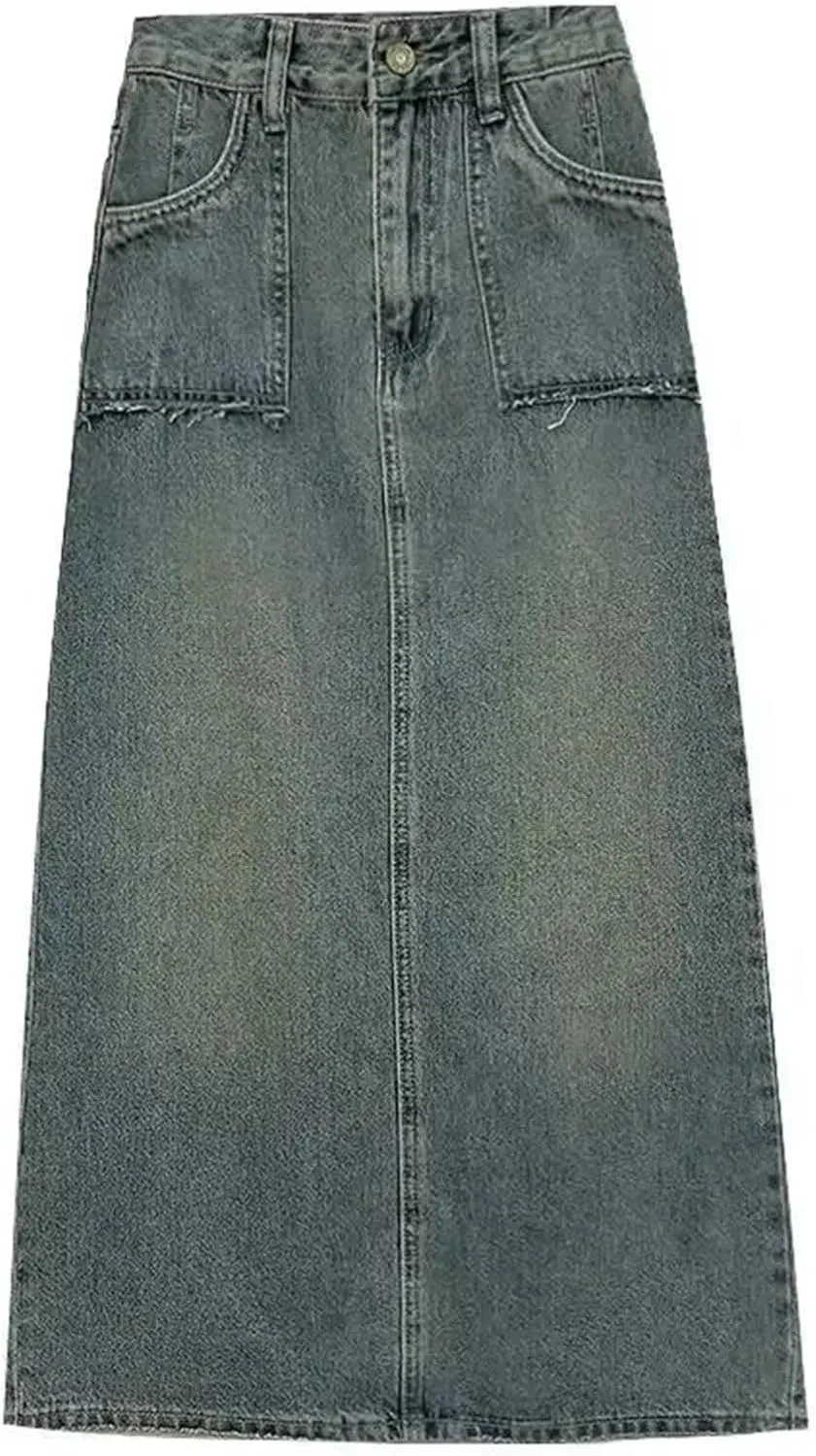 Women's Vintage Washed Denim Skirt  High-Waisted Slimming Side Slit Long Dress Plus Size Spring Summer Dress
