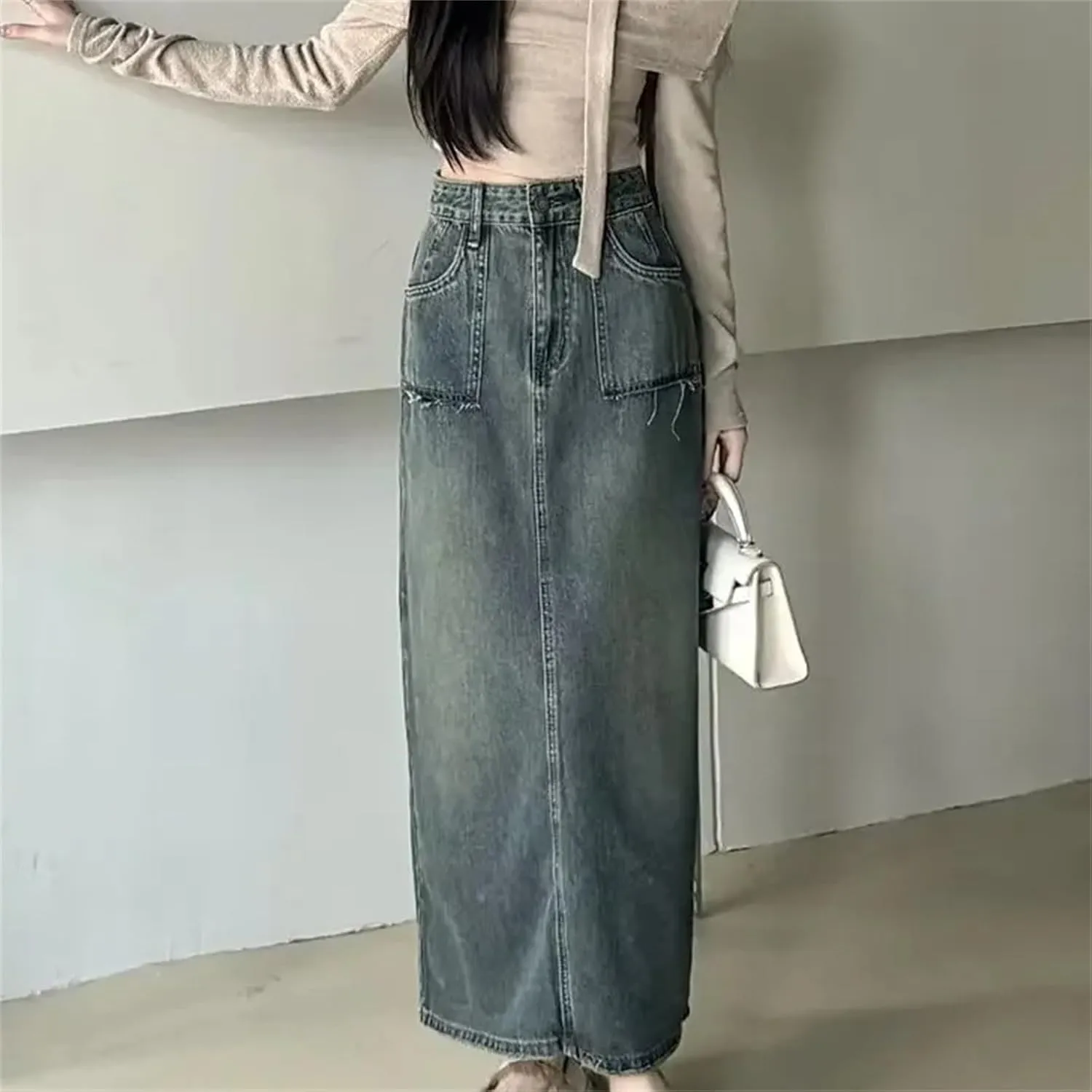 Women's Vintage Washed Denim Skirt  High-Waisted Slimming Side Slit Long Dress Plus Size Spring Summer Dress