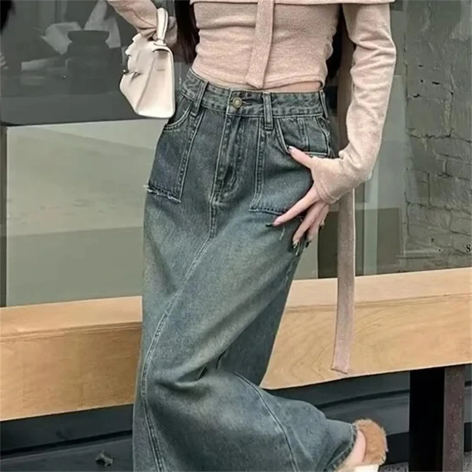 Women's Vintage Washed Denim Skirt  High-Waisted Slimming Side Slit Long Dress Plus Size Spring Summer Dress