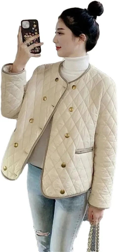 Women's Winter Jacket Double Breasted Buckle Lightweight Cotton-Padded Coat Warm Casual Short Top Coat