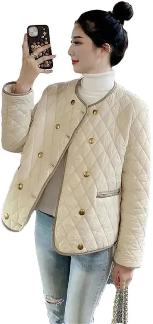 Women's Winter Jacket Double Breasted Buckle Lightweight Cotton-Padded Coat Warm Casual Short Top Coat