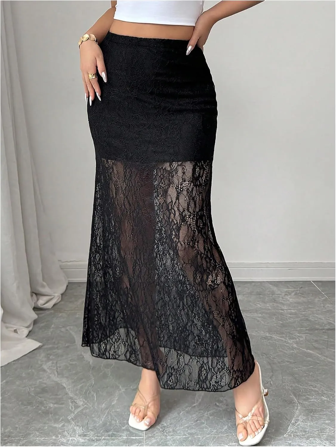 Women's Y2K Lace Sheer Long Skirt Ruffle High Waisted Mesh Bodycon Skirts Vacation Festival Outfits