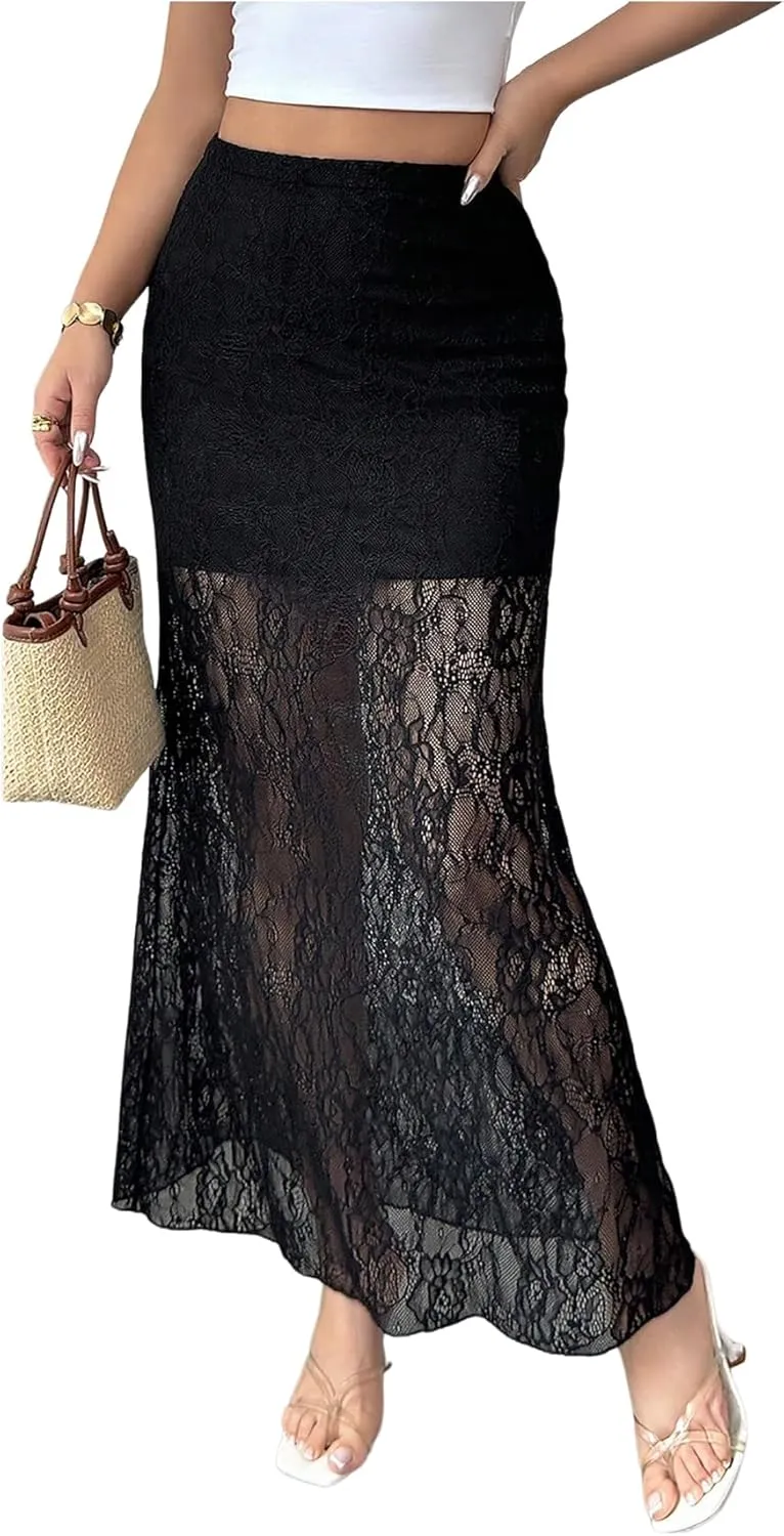 Women's Y2K Lace Sheer Long Skirt Ruffle High Waisted Mesh Bodycon Skirts Vacation Festival Outfits